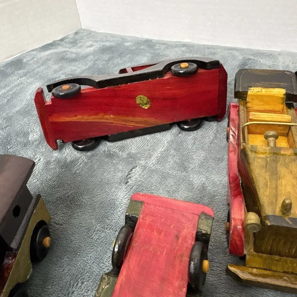 Lot 6 Vintage Handmade Wooden Cars Vehicles Toys Trucks Trains Handmade Painted
